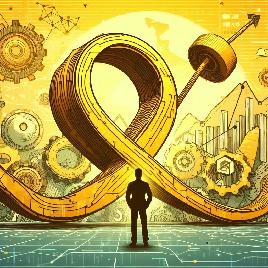 An illustration depicting a silhouette of a person standing before a complex arrangement of gears, charts, and a large looping structure, symbolizing progress and innovation. The color palette is dominated by yellow and gold tones, suggesting optimism and opportunity.