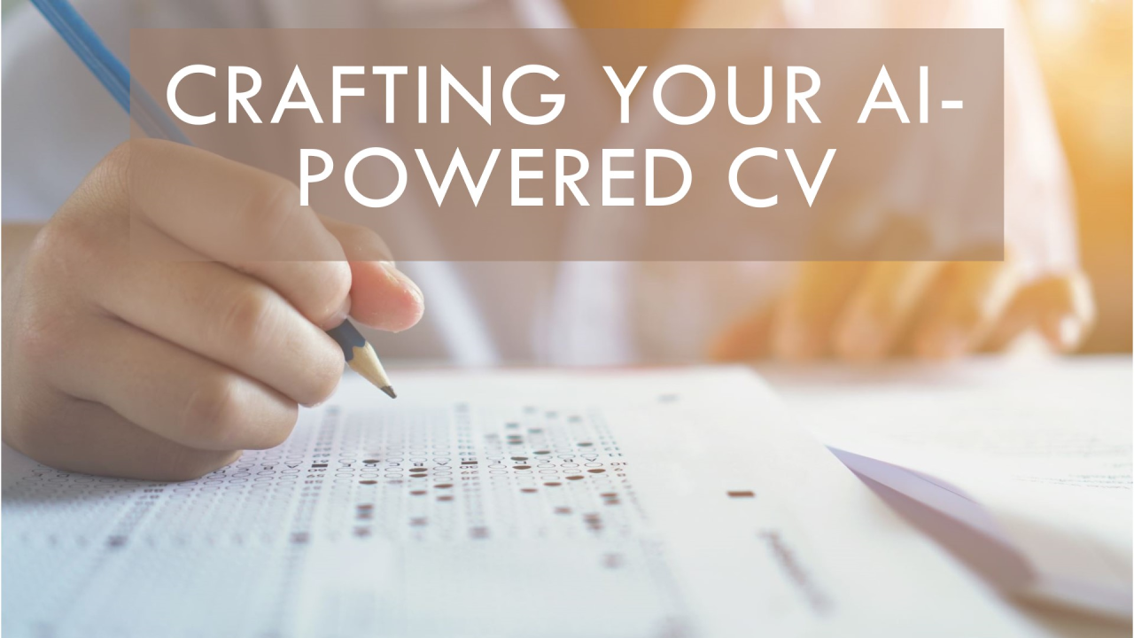 The image shows a close-up of a hand holding a pencil, filling out what appears to be a multiple-choice form or standardized test. The text "CRAFTING YOUR AI-POWERED CV" is overlaid on the image in a translucent white box. The lighting is warm and slightly blurred, creating a soft and inviting feel. The overall image suggests the process of creating or updating a CV, potentially leveraging AI technology