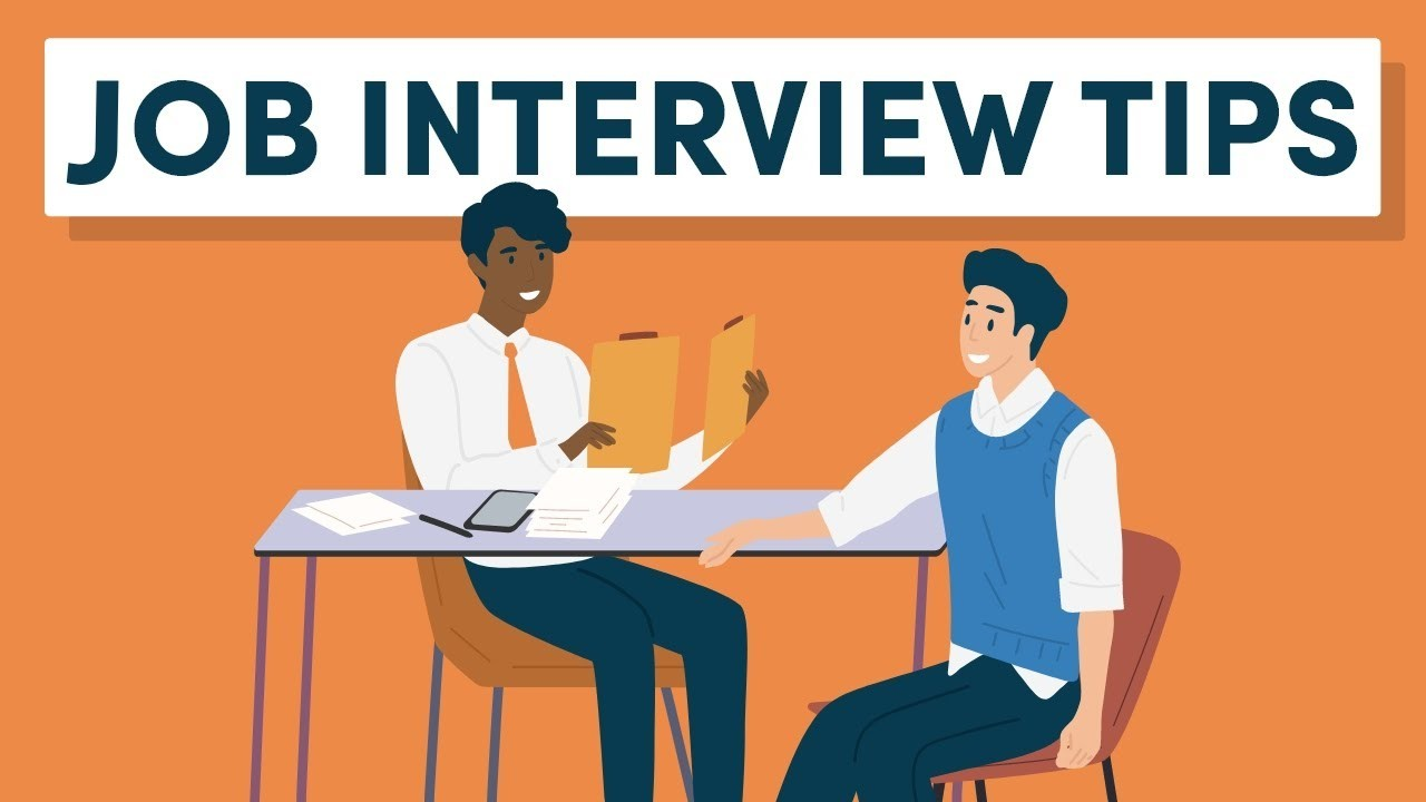 A colorful, cartoon-style illustration featuring two individuals in a job interview setting. One person (the interviewer) sits at a desk holding a file, while the other (the interviewee) sits opposite them. The background is a solid orange, and above the figures, there's a banner with the text "JOB INTERVIEW TIPS" in bold, dark letters. The illustration is friendly and approachable, suggesting helpful advice for job seekers.