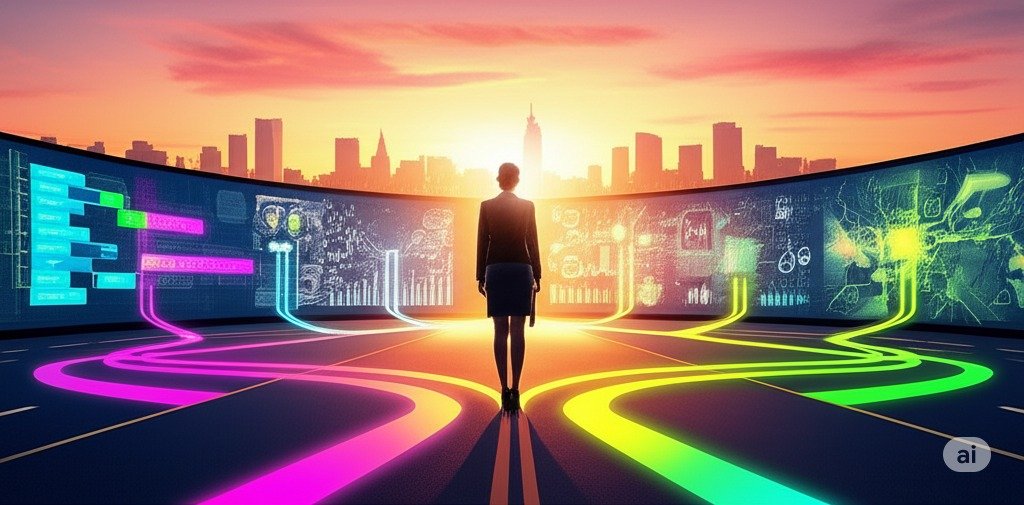 A professional person looks at a branching path of glowing icons representing transferable skills like project management, AI, and leadership, symbolizing career development and upskilling for the future of work.
