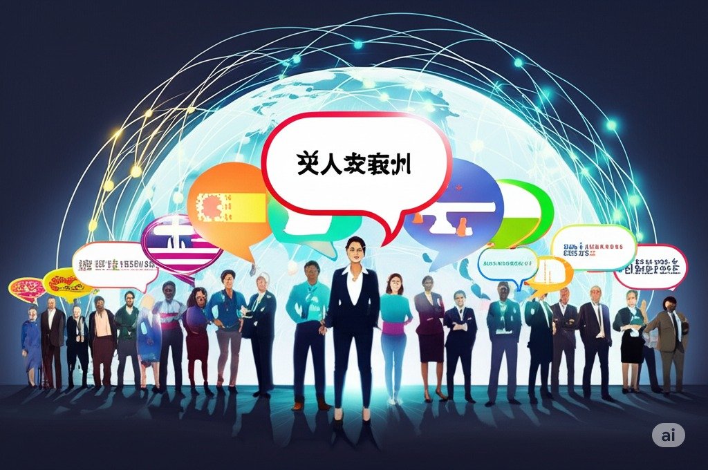 A diverse group of professionals confidently communicating in different languages, highlighting the value of global talent and inclusion in the workplace.