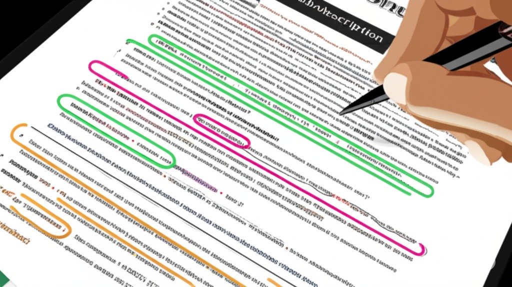 A person analyzing a job description with highlighted keywords, demonstrating the importance of understanding job requirements for career success and optimizing resumes for Applicant Tracking Systems (ATS).