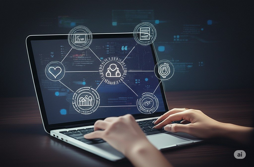 A brightly lit digital illustration will show a person diligently working on a laptop with an open notebook nearby. Surrounding the person will be a series of simple, clean icons representing key aspects of a company: a heart for values, a group of figures for culture, a single figure with a crown for leadership, and a cogwheel for operations. These icons will subtly float around, emphasizing the act of researching these crucial areas. The scene will convey a strong sense of a strategic and well-prepared approach to job searching. The color palette will include calming blues and greens to inspire trust and knowledge acquisition, complemented by warm yellow tones to suggest optimism and readiness. The lighting will be focused and clear, highlighting the tools of research and the person's engagement with them, with all text removed, leaving only the visual elements and icons.