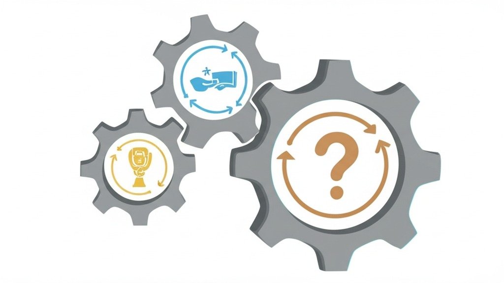 A crisp digital illustration will feature two prominent interlocking gears. One gear will have five distinct segments, each bearing a simple icon representing an element of "PARLA": a question mark for Problem, an arrow in motion for Action, a star for Result, a book for Learning, and a hand applying knowledge for Application. The other meshing gear will have three segments with icons symbolizing "FAB": a product icon for Feature, an upward trending arrow for Advantage, and a smiling face for Benefit. The meshing of these gears will visually represent the synergy between learning agility (PARLA) and value creation (FAB) in the context of recruitment. The color scheme will be professional, using shades of blue and gray for the gears, with innovative accents of green and orange highlighting the learning and benefit aspects, respectively, conveying a modern and insightful approach to hiring.