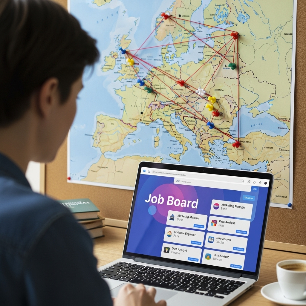 A person seen from over the shoulder, looking at a job board on a laptop screen with listings in European cities like Berlin, Paris, and London. In the background, a large map of Europe has various locations connected with pins and red string, symbolizing strategic career planning across the continent.