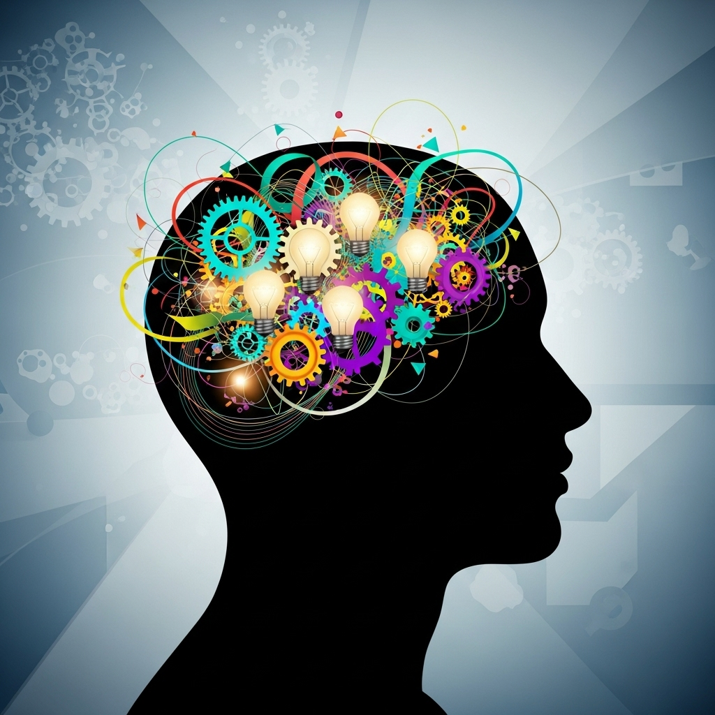 Silhouette of a human head filled with colorful gears, swirling lines, and glowing light bulbs, symbolizing creativity, imagination, and innovative thinking. The background features faint mechanical gears blending into abstract patterns.