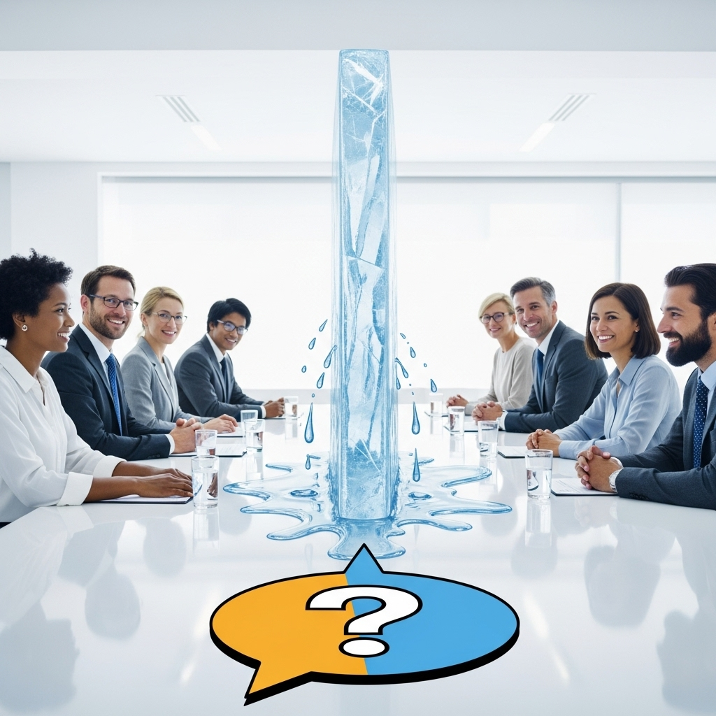 Businesspeople sitting around a conference table, smiling, with a large block of ice melting in the center. Below the ice, a colorful speech bubble with a question mark represents conversation starters and icebreaker activities during meetings.