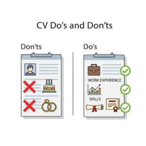 An illustration comparing what to avoid and what to include in a CV. On the left side, under "Don’ts," the CV shows a profile photo, a birthday cake, and wedding rings, all crossed out. On the right side, under "Do’s," the CV highlights a briefcase (work experience), a bar chart (achievements), and a diploma (skills/certifications), all marked with green checkmarks.