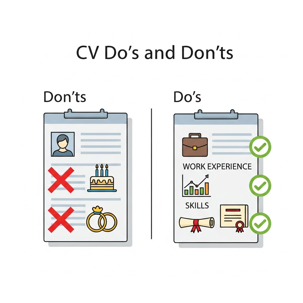 An illustration comparing what to avoid and what to include in a CV. On the left side, under "Don’ts," the CV shows a profile photo, a birthday cake, and wedding rings, all crossed out. On the right side, under "Do’s," the CV highlights a briefcase (work experience), a bar chart (achievements), and a diploma (skills/certifications), all marked with green checkmarks.