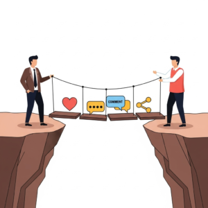 Illustration of two men standing on opposite cliffs, connected by a bridge made of social media icons. The planks of the bridge show a heart (like), a speech bubble (chat), a "comment" icon, and a share symbol, representing how digital interactions can bridge gaps between people.